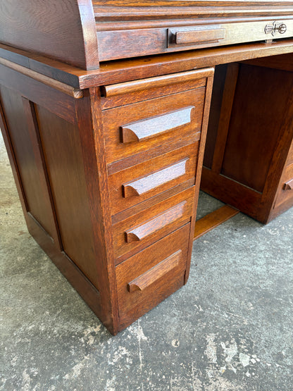 Early 1900s Solid Oak Twin Pedestal Roll-Top Desk