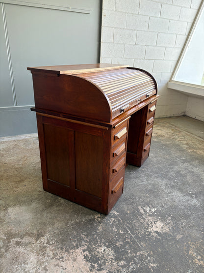 Early 1900s Solid Oak Twin Pedestal Roll-Top Desk