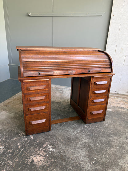 Early 1900s Solid Oak Twin Pedestal Roll-Top Desk