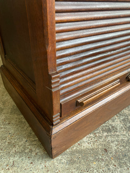 Edwardian Walnut Office Cabinet with Tambour Fronted Roller Door