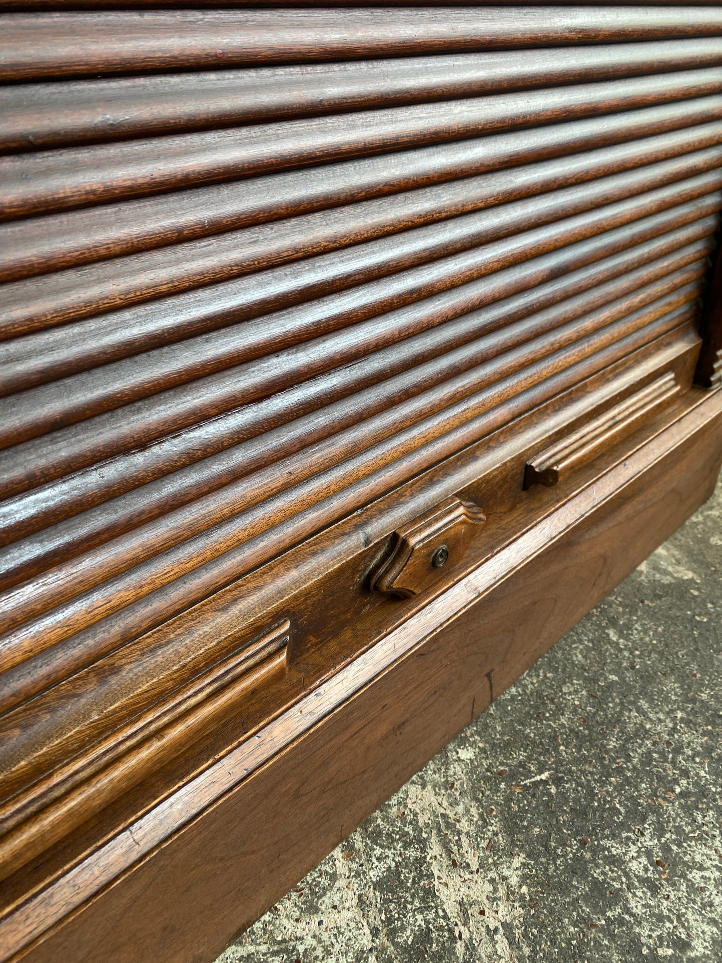 Edwardian Walnut Office Cabinet with Tambour Fronted Roller Door