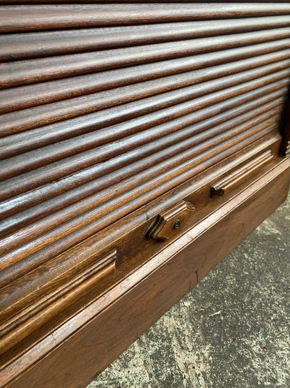 Edwardian Walnut Office Cabinet with Tambour Fronted Roller Door