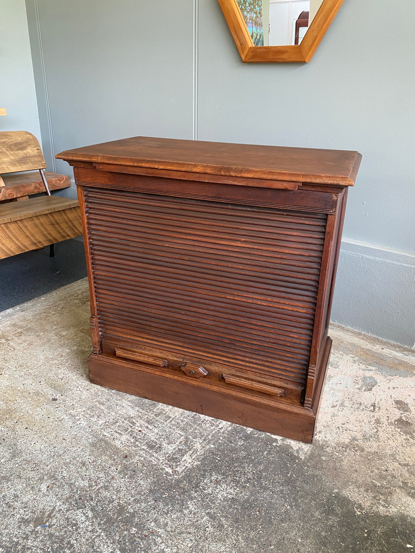Edwardian Walnut Office Cabinet with Tambour Fronted Roller Door