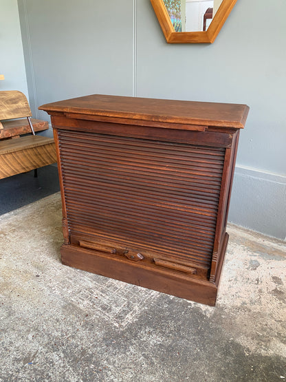 Edwardian Walnut Office Cabinet with Tambour Fronted Roller Door