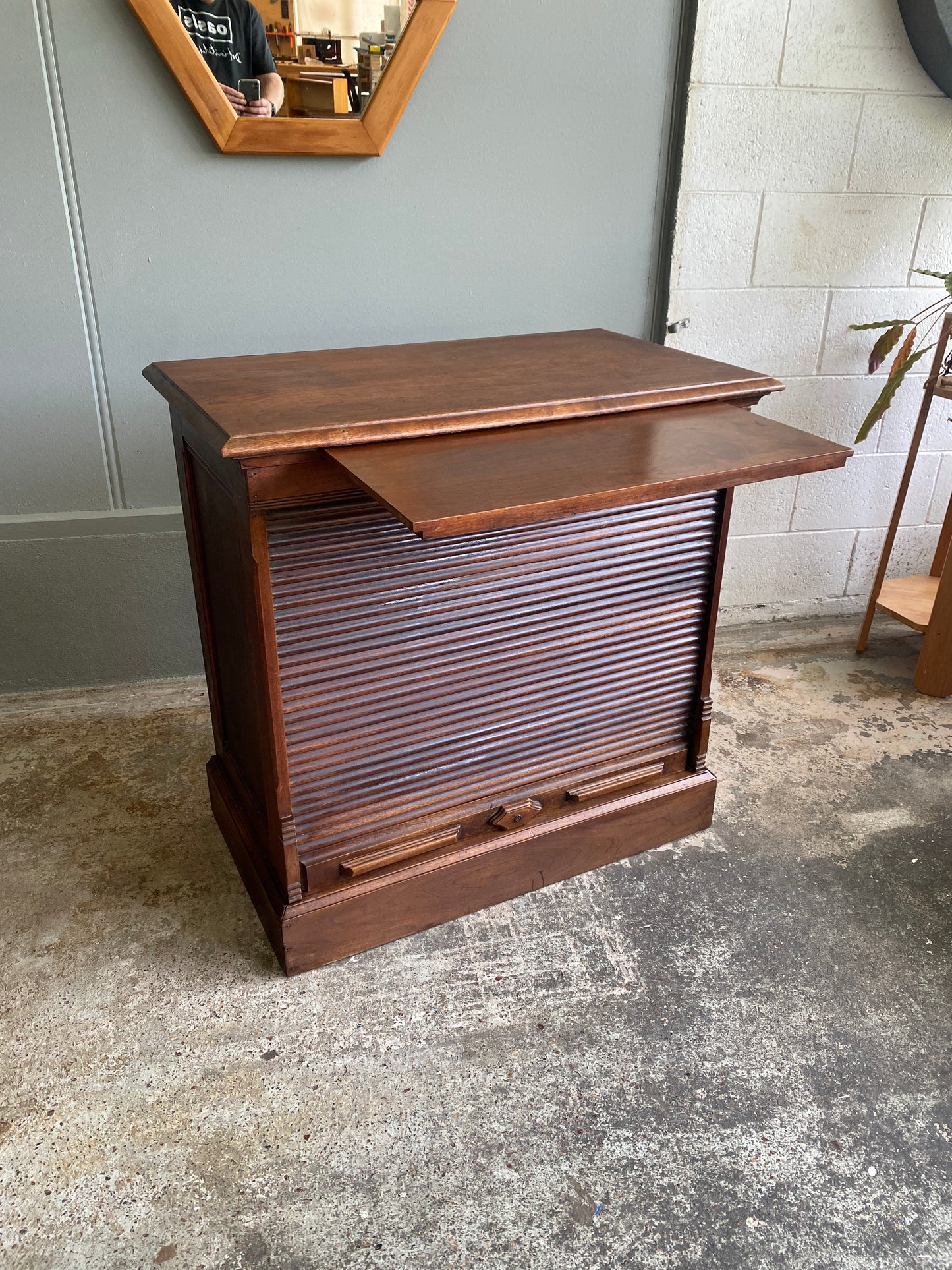 Edwardian Walnut Office Cabinet with Tambour Fronted Roller Door