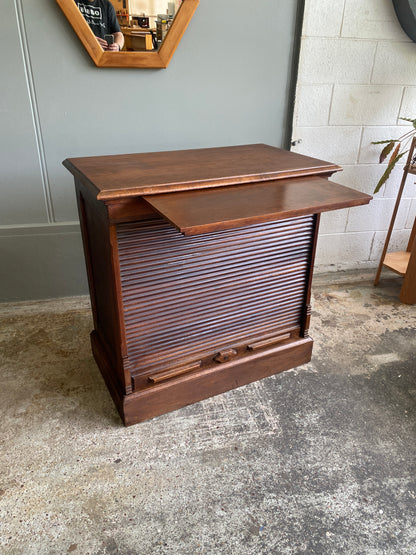 Edwardian Walnut Office Cabinet with Tambour Fronted Roller Door