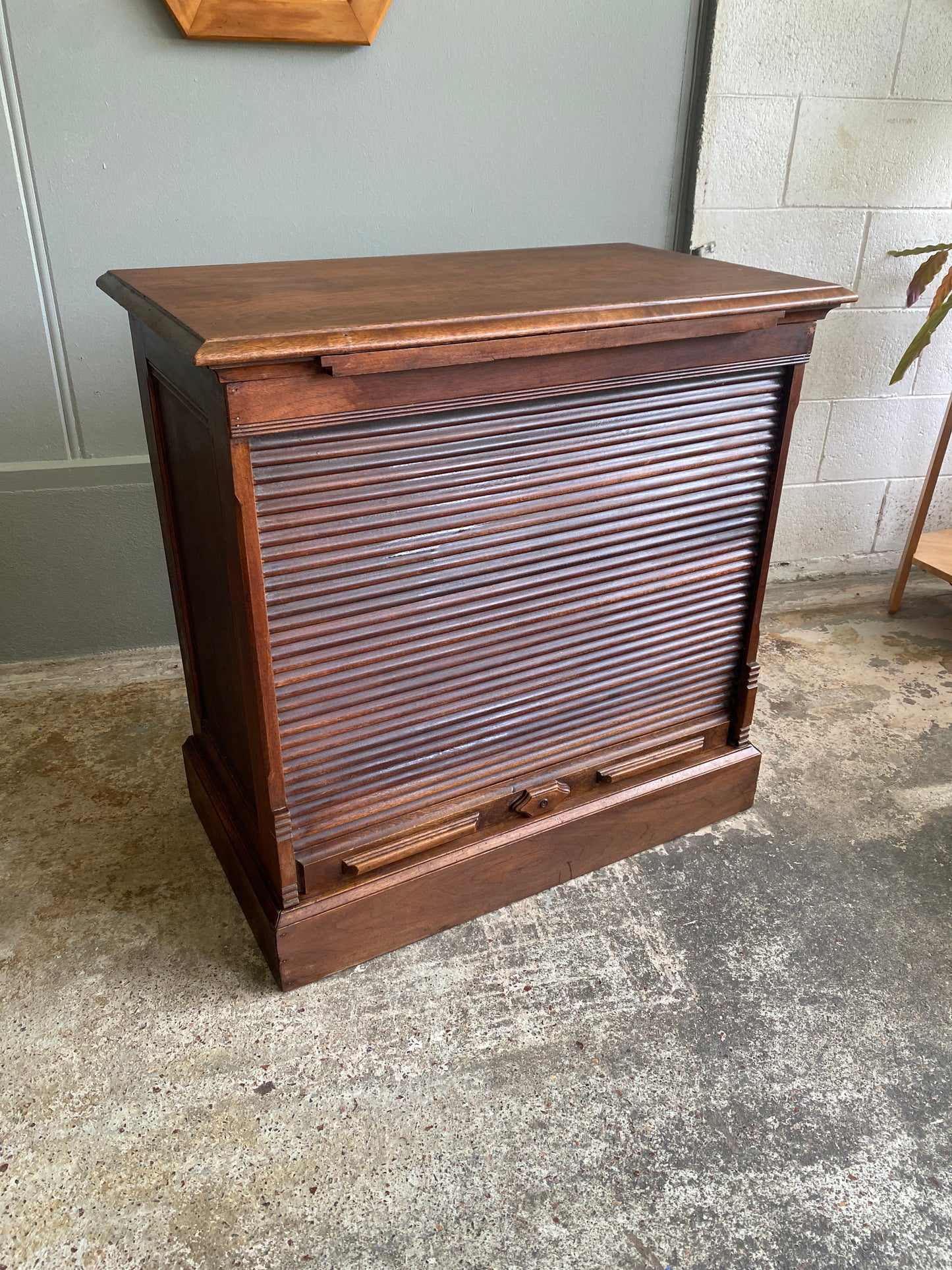 Edwardian Walnut Office Cabinet with Tambour Fronted Roller Door