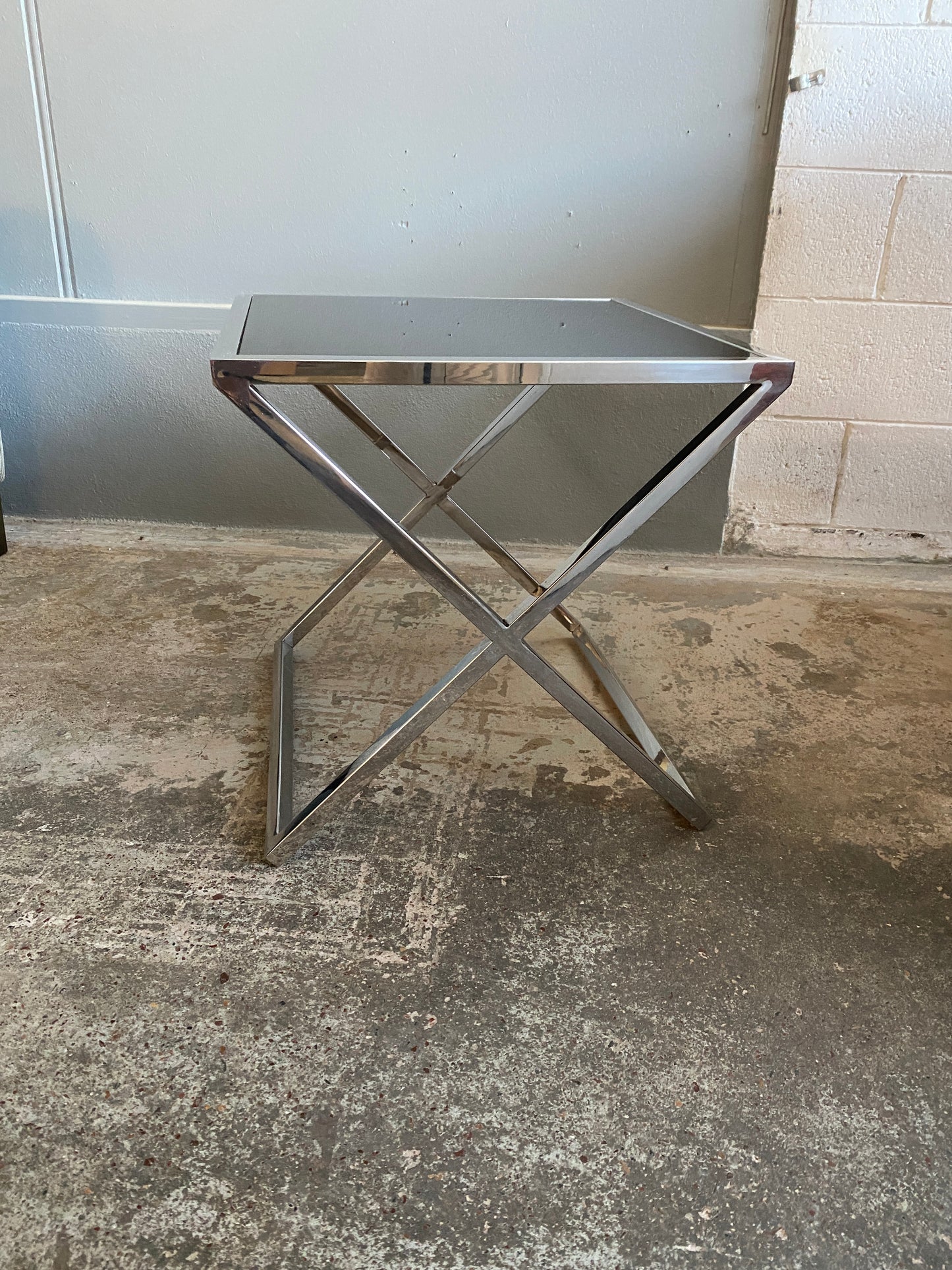 European Retro Style Chrome & Black Glass Side Table