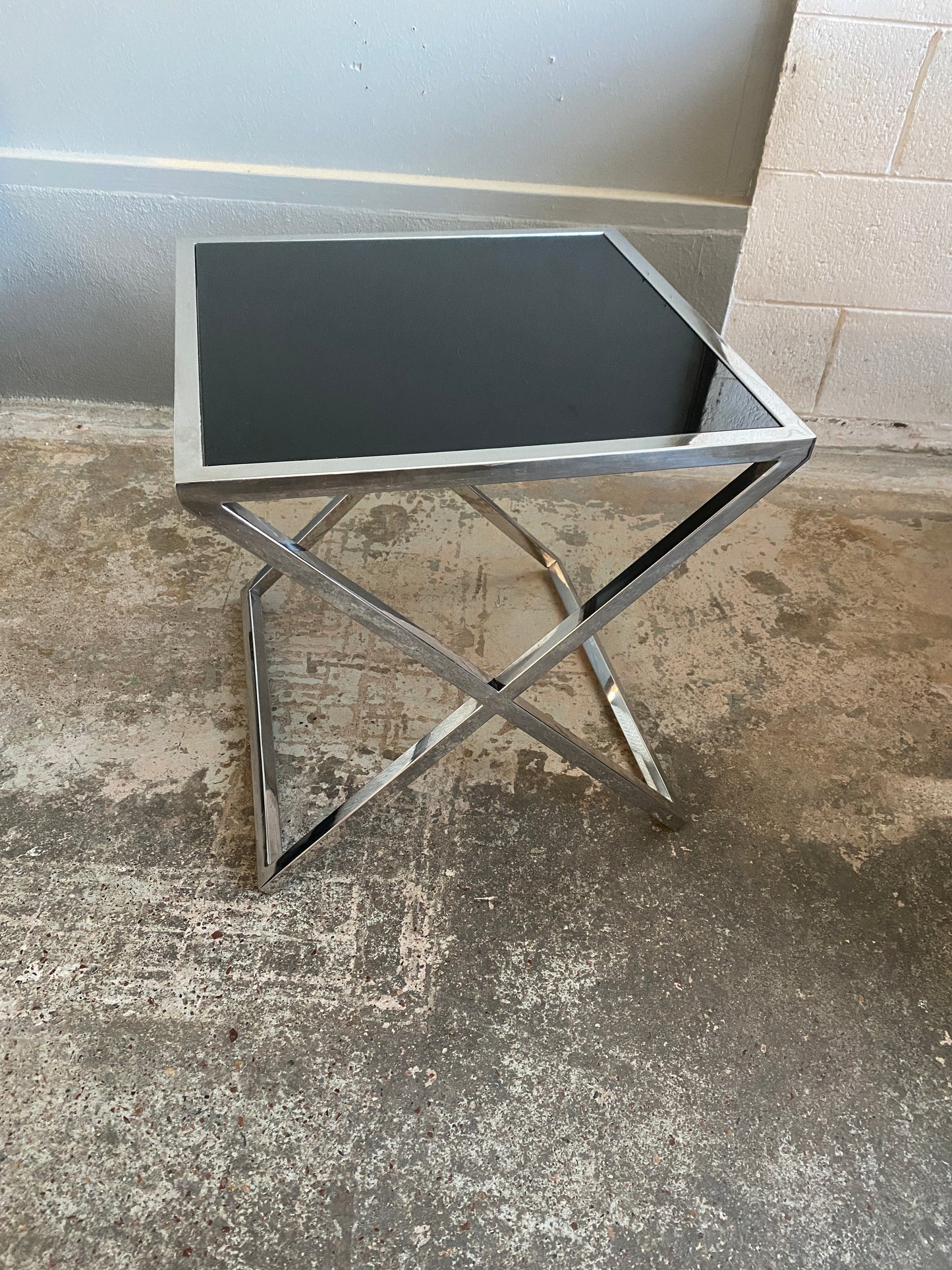 European Retro Style Chrome & Black Glass Side Table