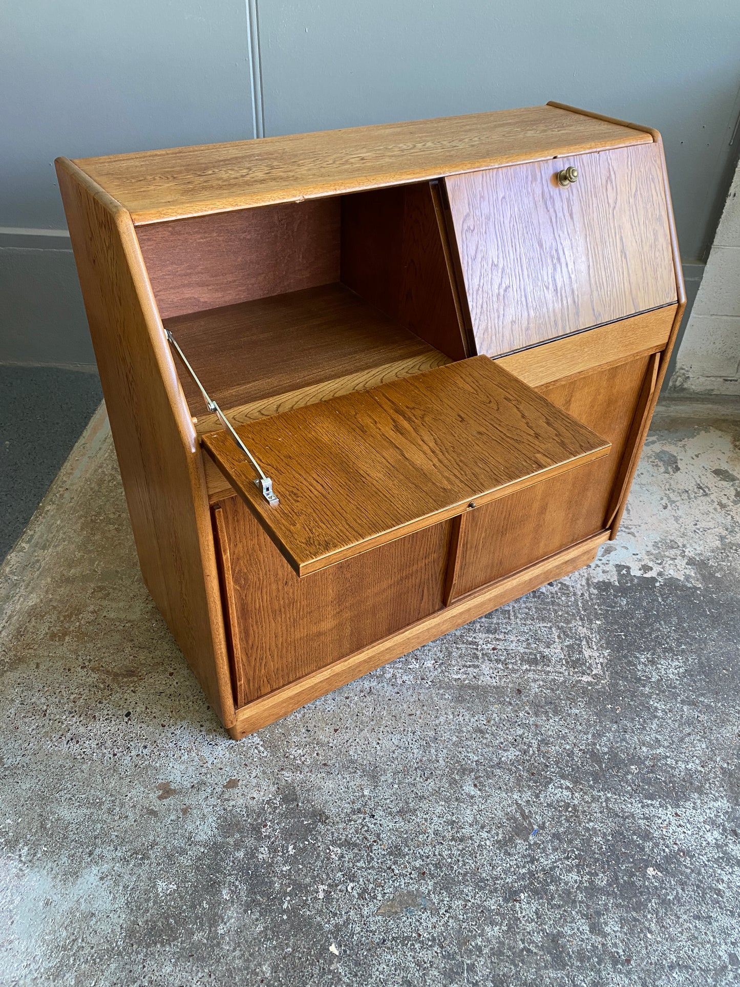 Mid-Century Light Tiger Oak Drinks/Record Cabinet