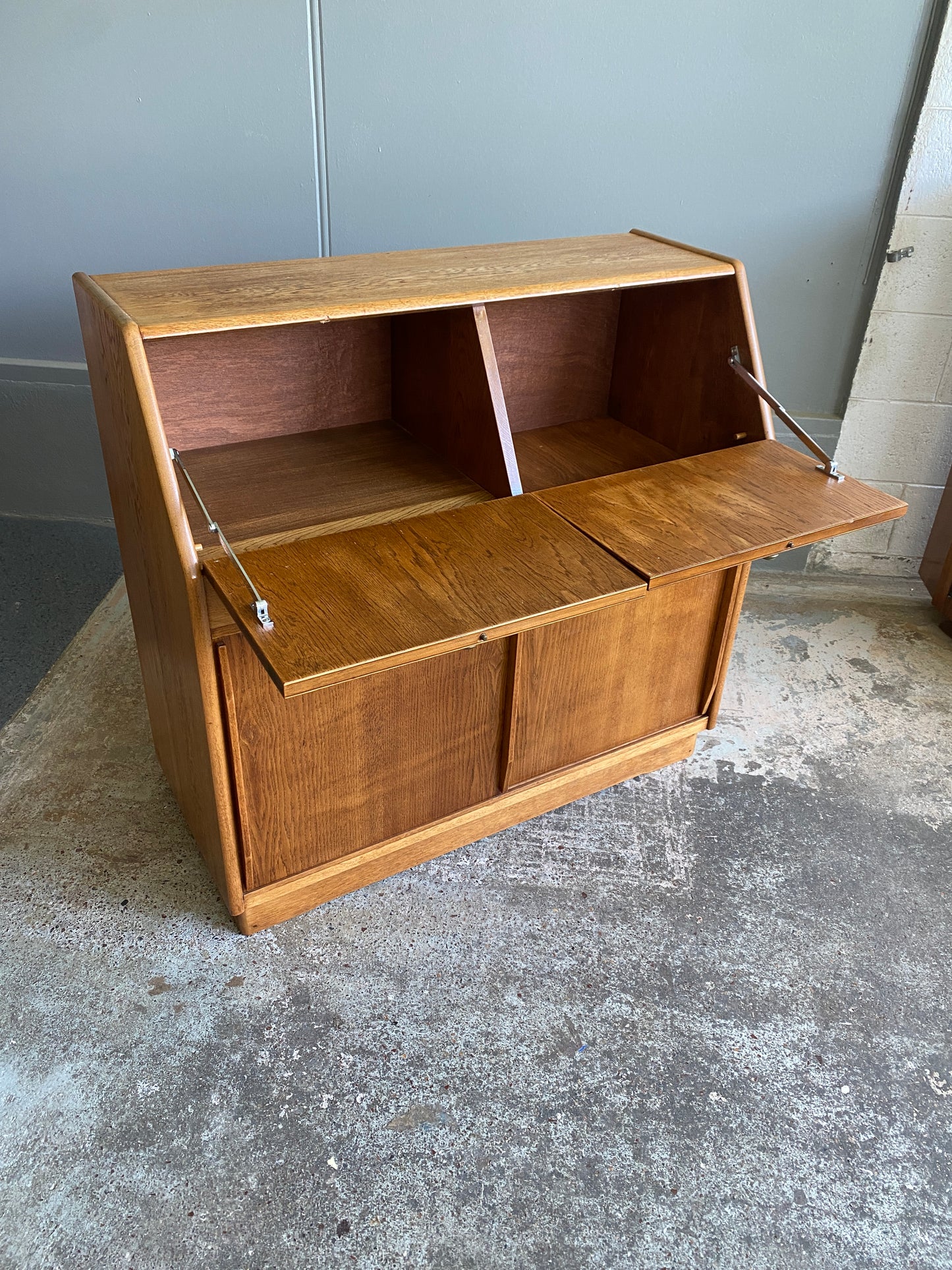 Mid-Century Light Tiger Oak Drinks/Record Cabinet
