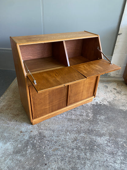 Mid-Century Light Tiger Oak Drinks/Record Cabinet
