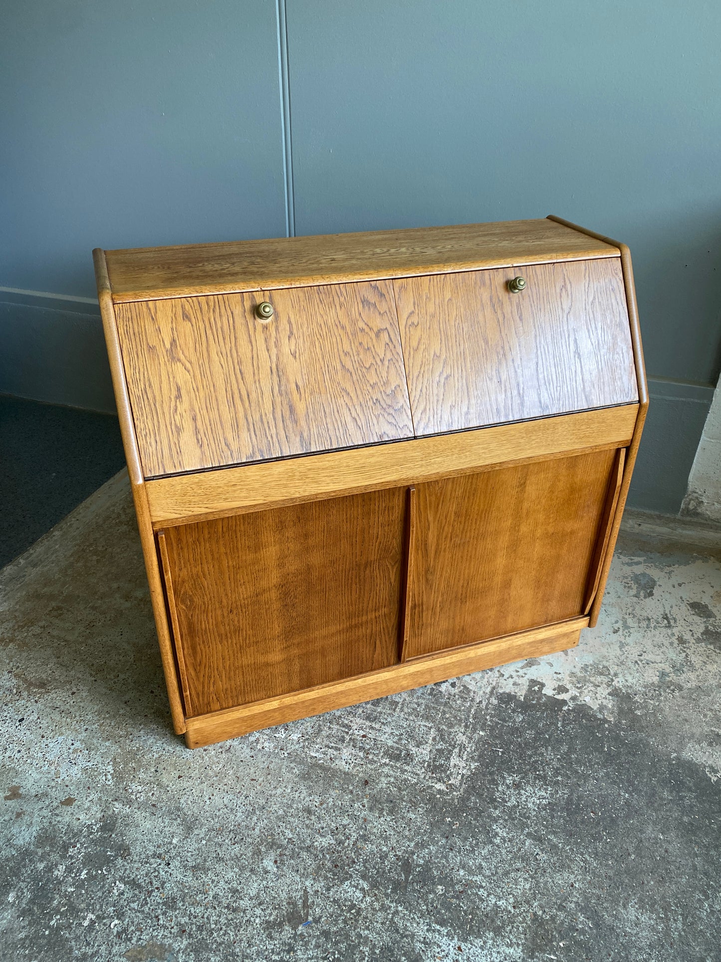 Mid-Century Light Tiger Oak Drinks/Record Cabinet