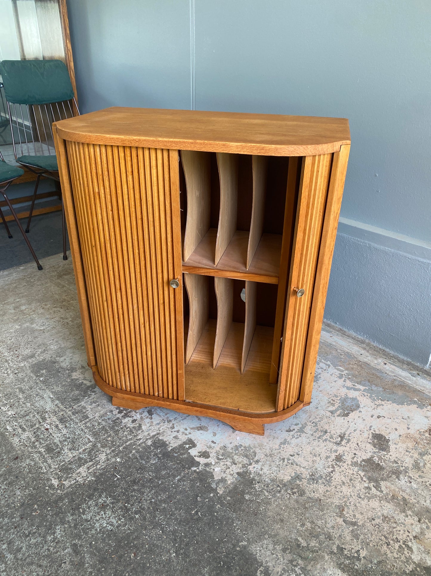 Mid Century Solid Oak LP Cabinet with Tambour