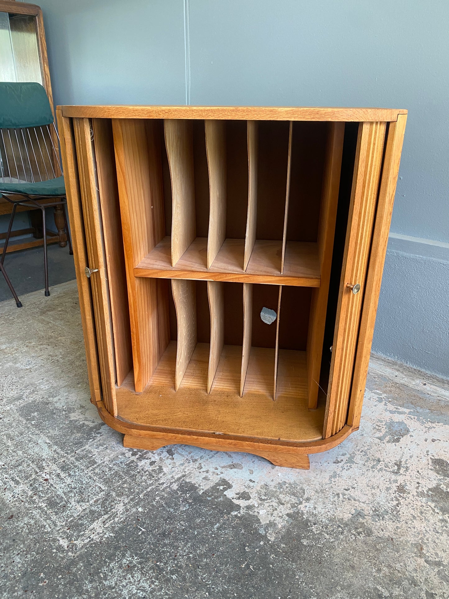 Mid Century Solid Oak LP Cabinet with Tambour
