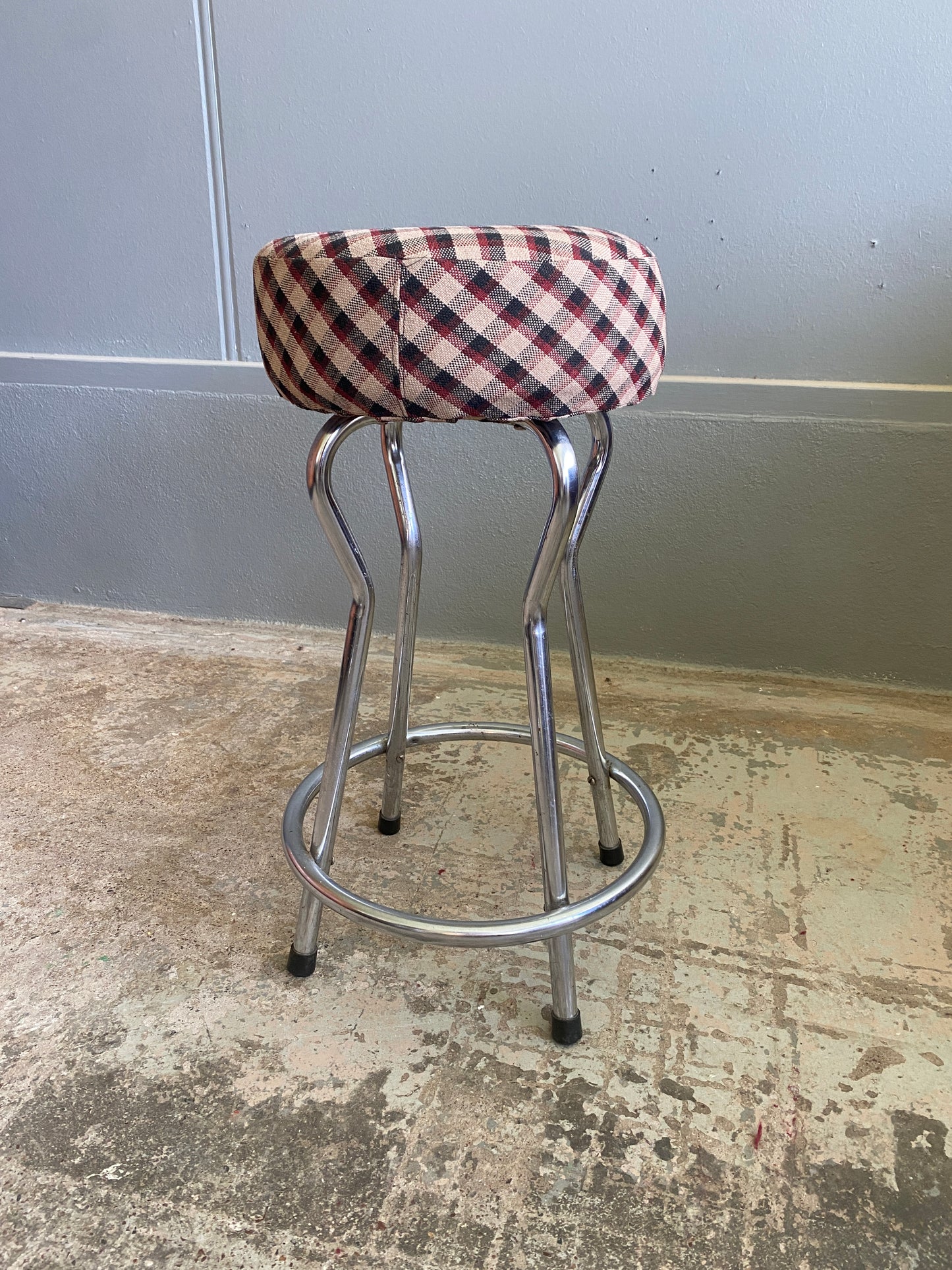 Retro Chromed Stool with Chequered Fabric (Pair)