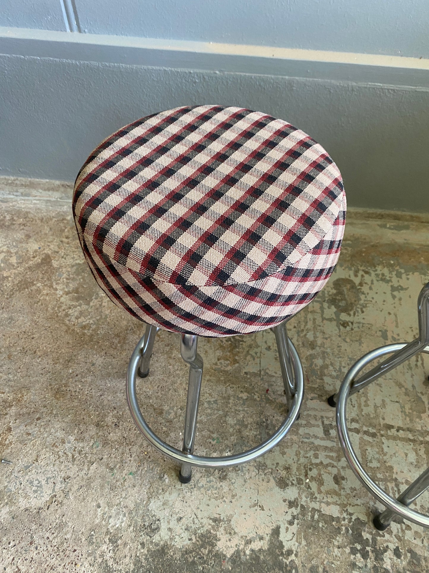 Retro Chromed Stool with Chequered Fabric (Pair)