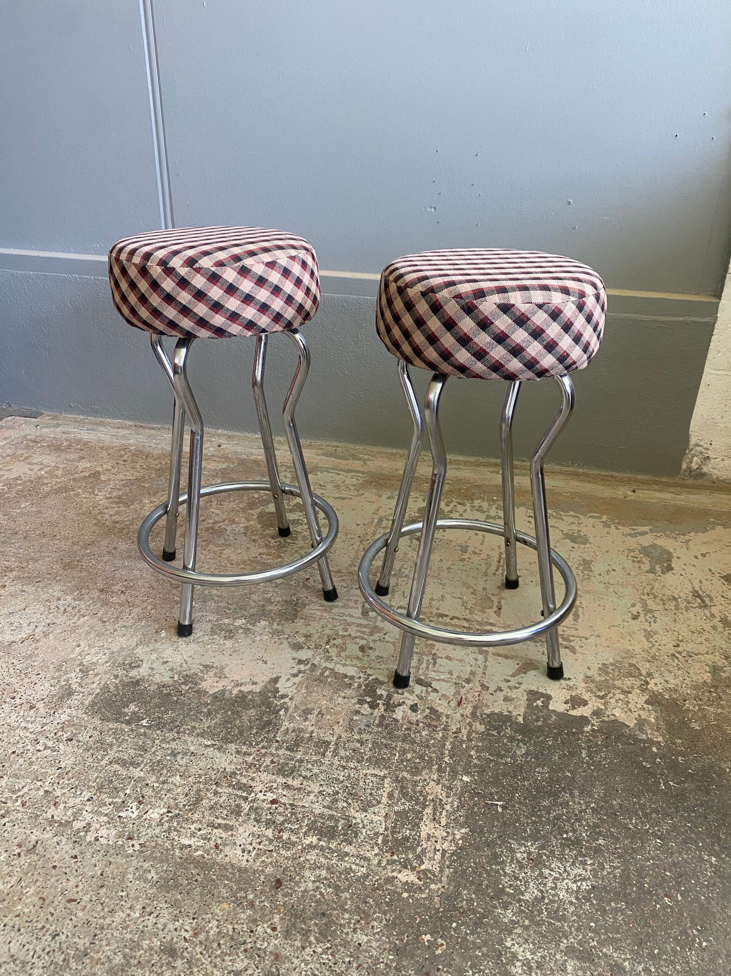 Retro Chromed Stool with Chequered Fabric (Pair)