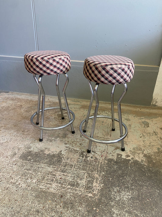 Retro Chromed Stool with Chequered Fabric