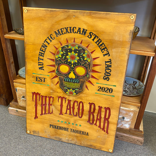 The Taco Bar Wooden Restaurant Sign