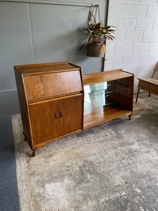Vintage 1950s Solid Oak Drinks & Display Cabinet