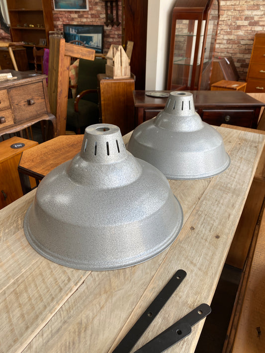 Vintage Aluminium Industrial Light Shades Pair