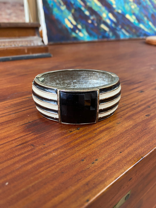 Vintage Bracelet ANN TAYLOR Wide Cream Black Enamel Striped