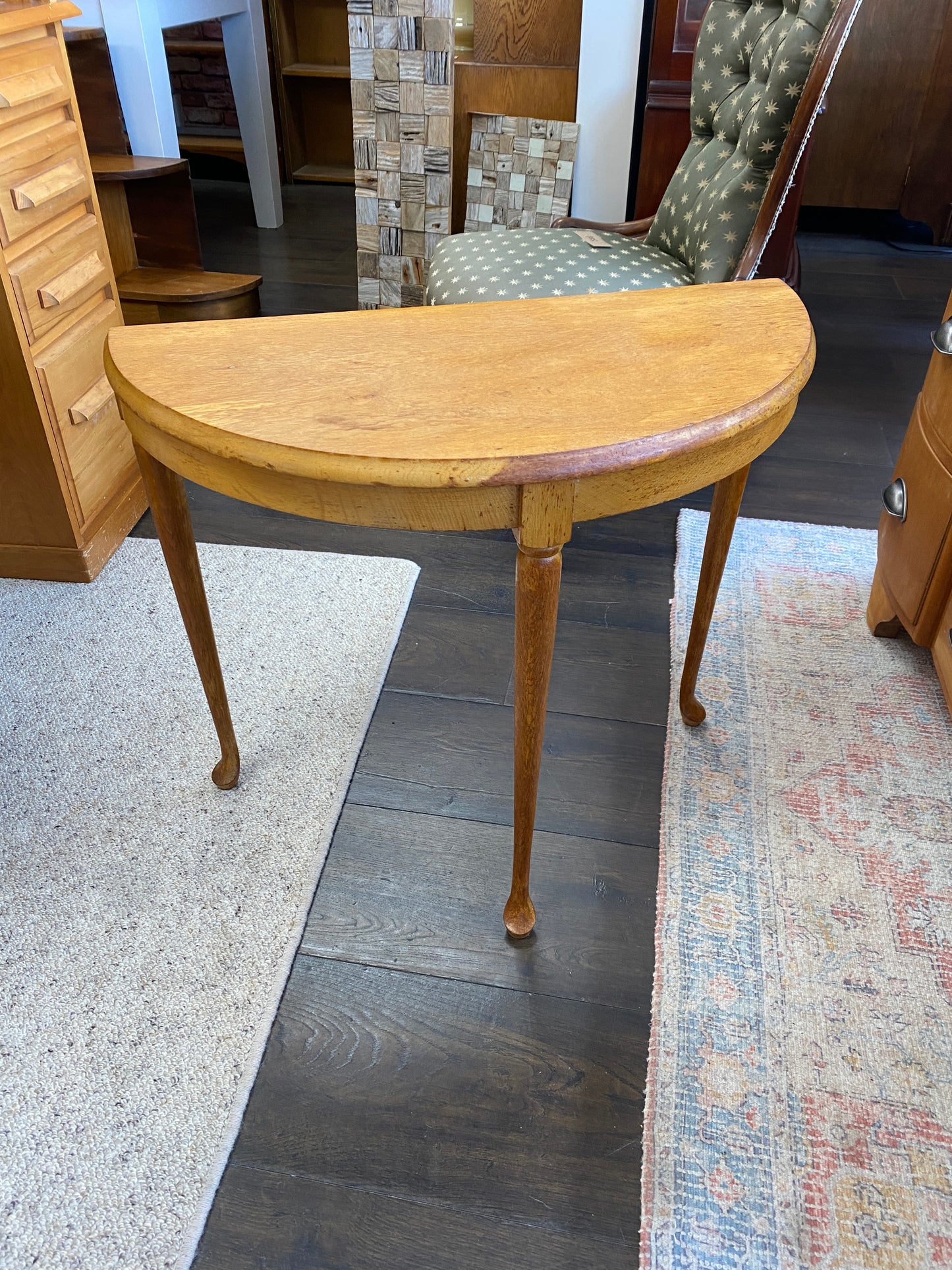 Vintage Light Oak Demi Lune with Cabriole Legs