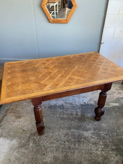 Vintage Oak Dining Table with Parquet-style Oak Top