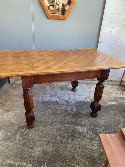 Vintage Oak Dining Table with Parquet-style Oak Top