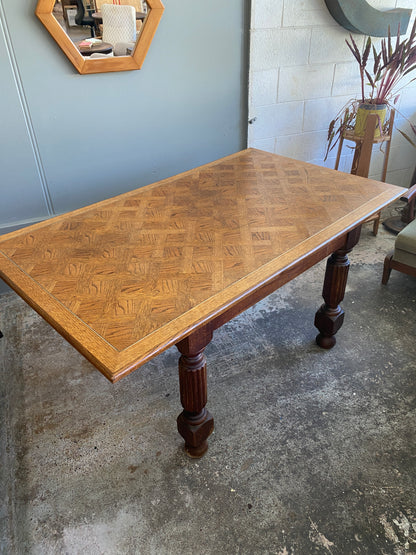 Vintage Oak Dining Table with Parquet-style Oak Top
