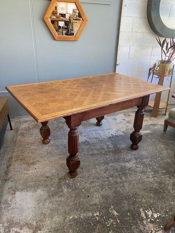 Vintage Oak Dining Table with Parquet-style Oak Top – Plots & Pickles