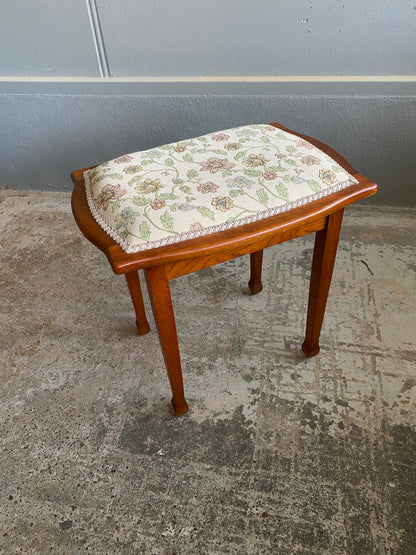 Vintage Oak Vanity Stool with Floral Fabric