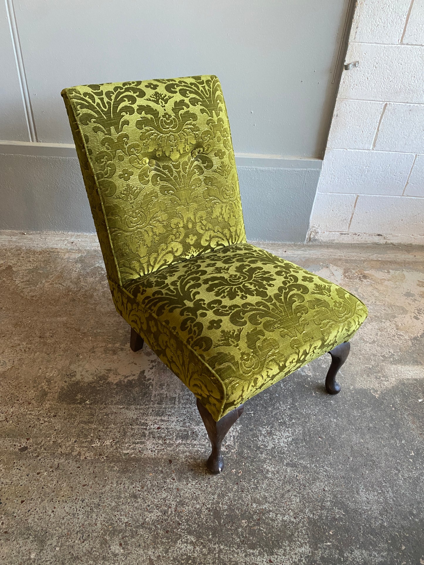 Vintage Occasional Chair with Green Damask Fabric