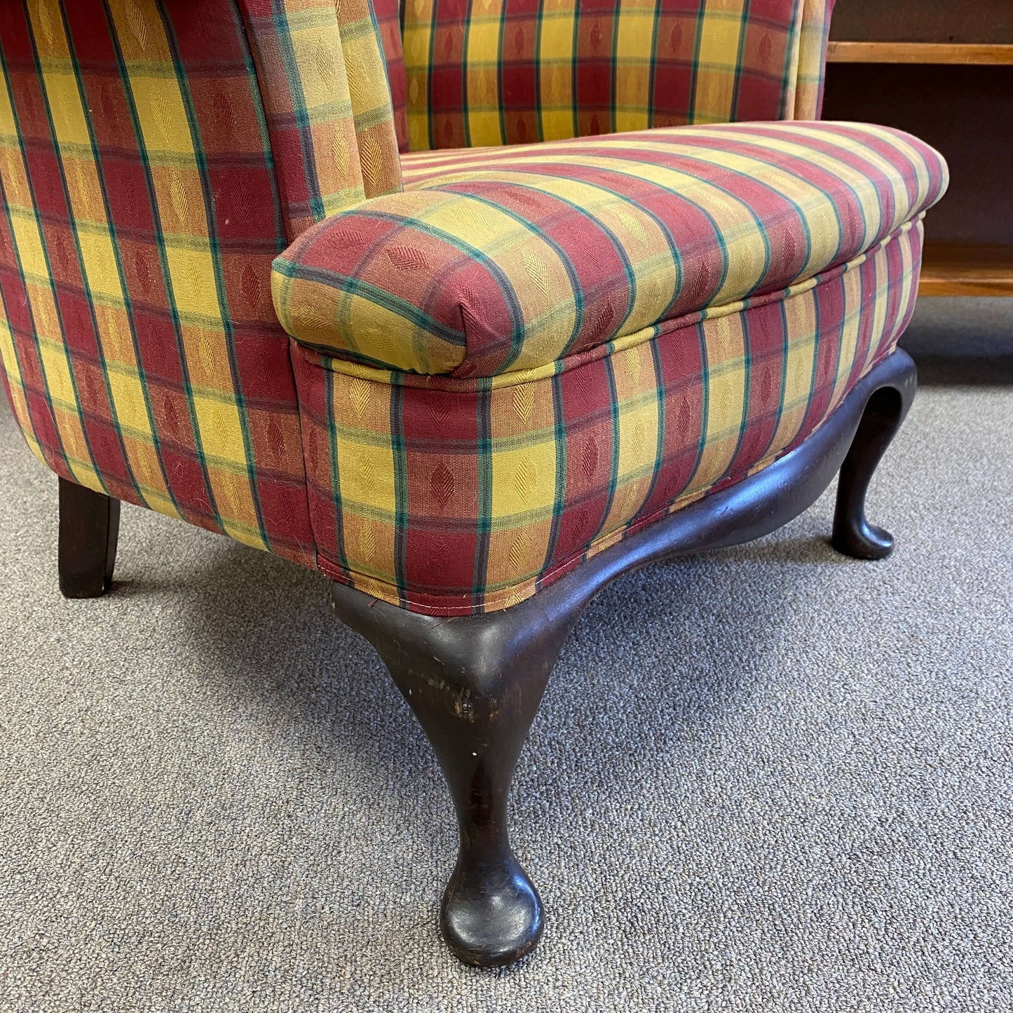 Vintage Queen Anne Style Plaid Arm Chair