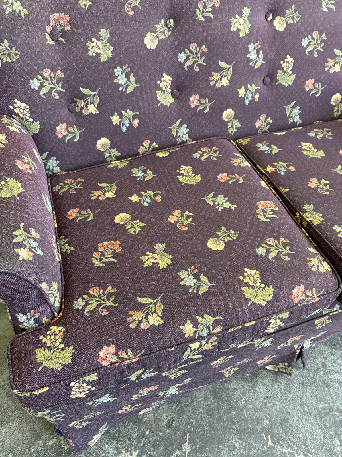Vintage Two Seater Couch w Plum & Flower Fabric