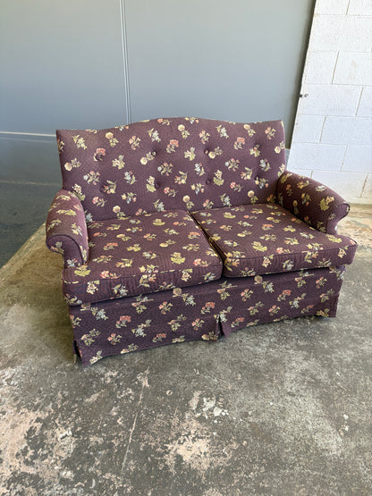 Vintage Two Seater Couch w Plum & Flower Fabric
