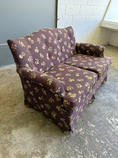 Vintage Two Seater Couch w Plum & Flower Fabric