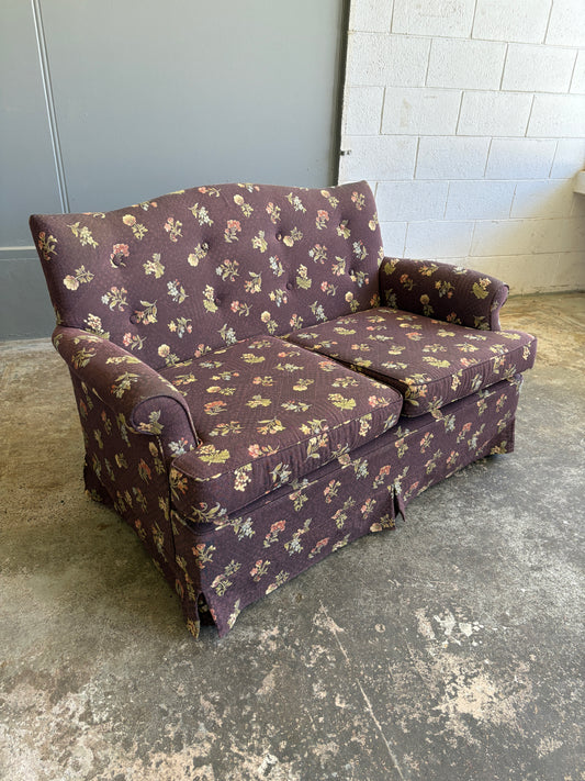 Vintage Two Seater Couch w Plum & Flower Fabric