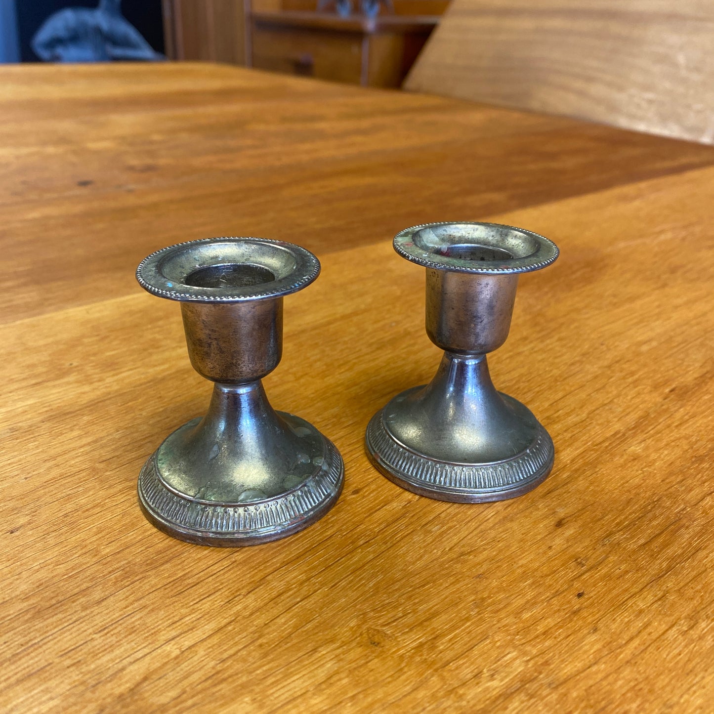 Vintage White Brass Min Candlestick Holders Pair