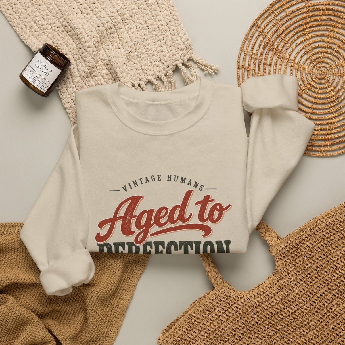 Aged To Perfection Crewneck Sweatshirt in Sand, styled flat lay