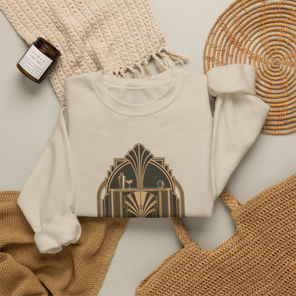 Art Deco Club Crewneck Sweatshirt in Sand, styled flat lay