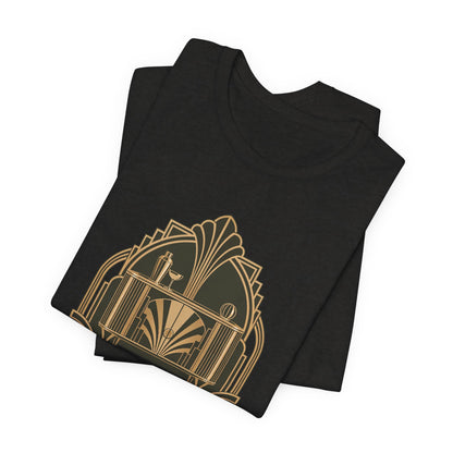 Art Deco Club vintage furniture lover tee in Black Heather, folded