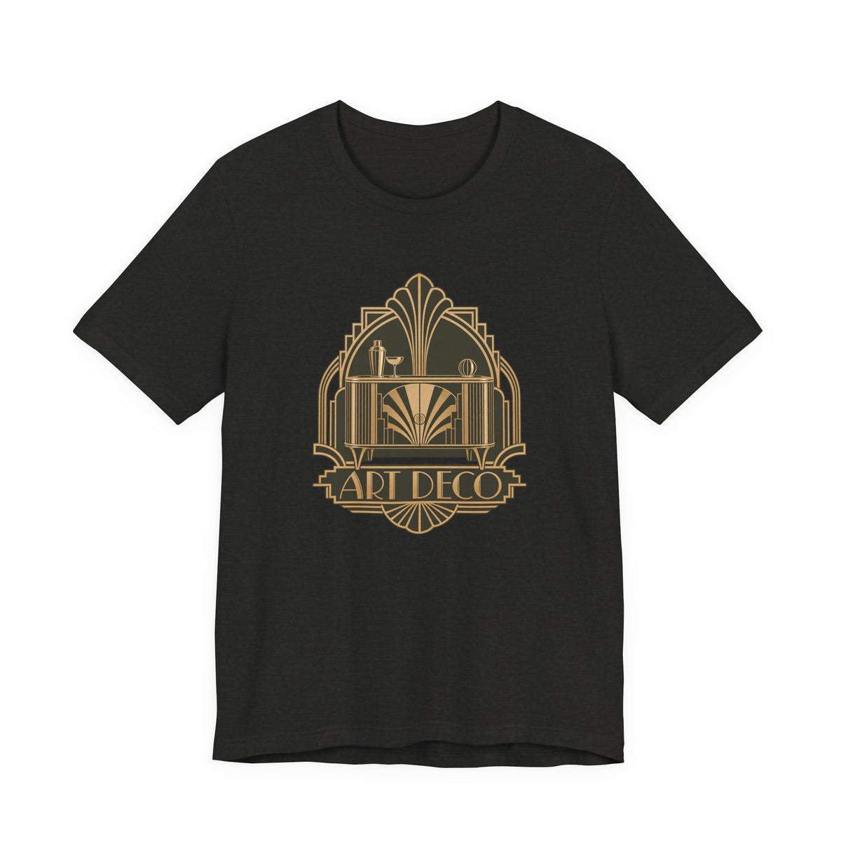 Art Deco Club vintage furniture lover tee in Black Heather, front view