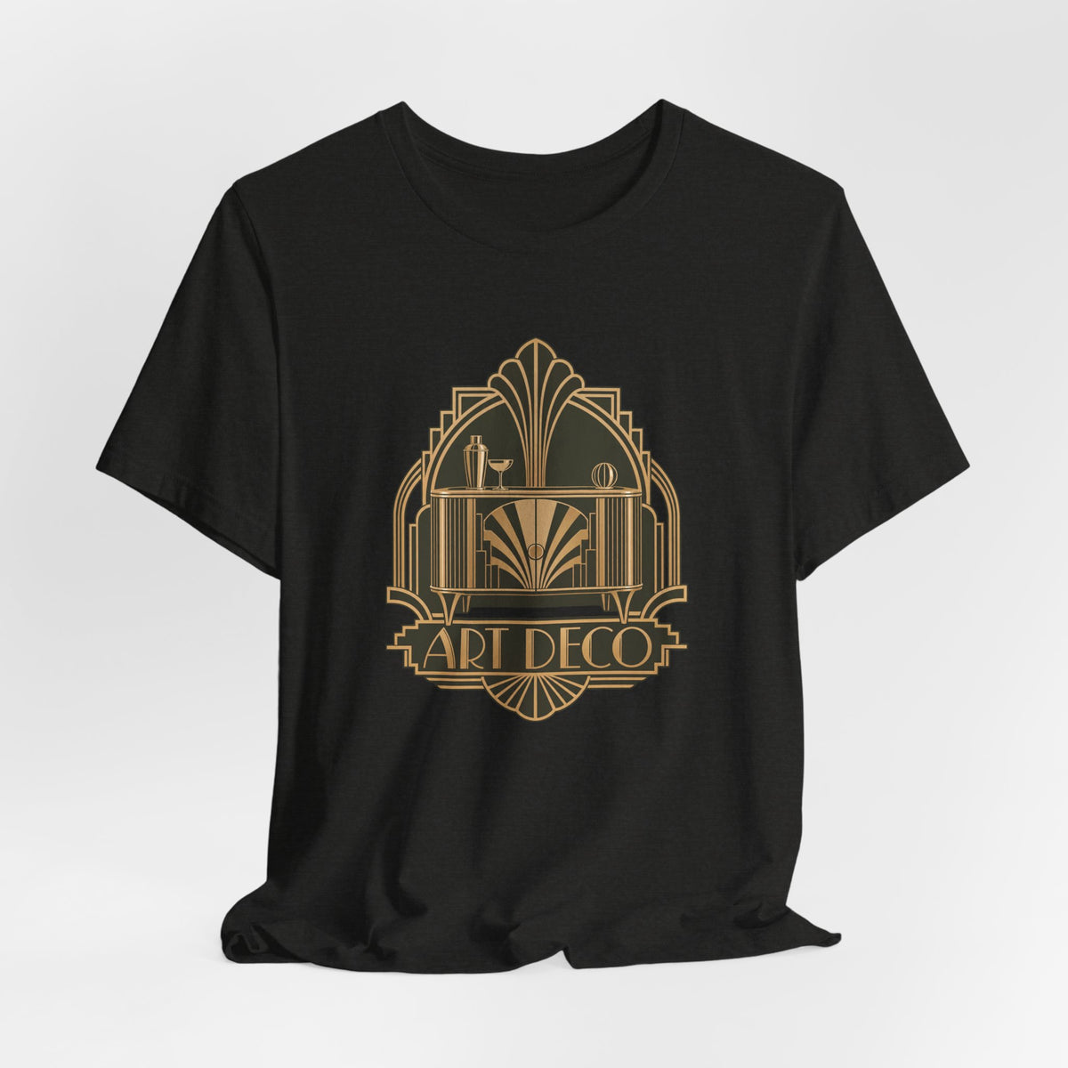 Art Deco Club vintage furniture lover tee in Black Heather, lifestyle shot