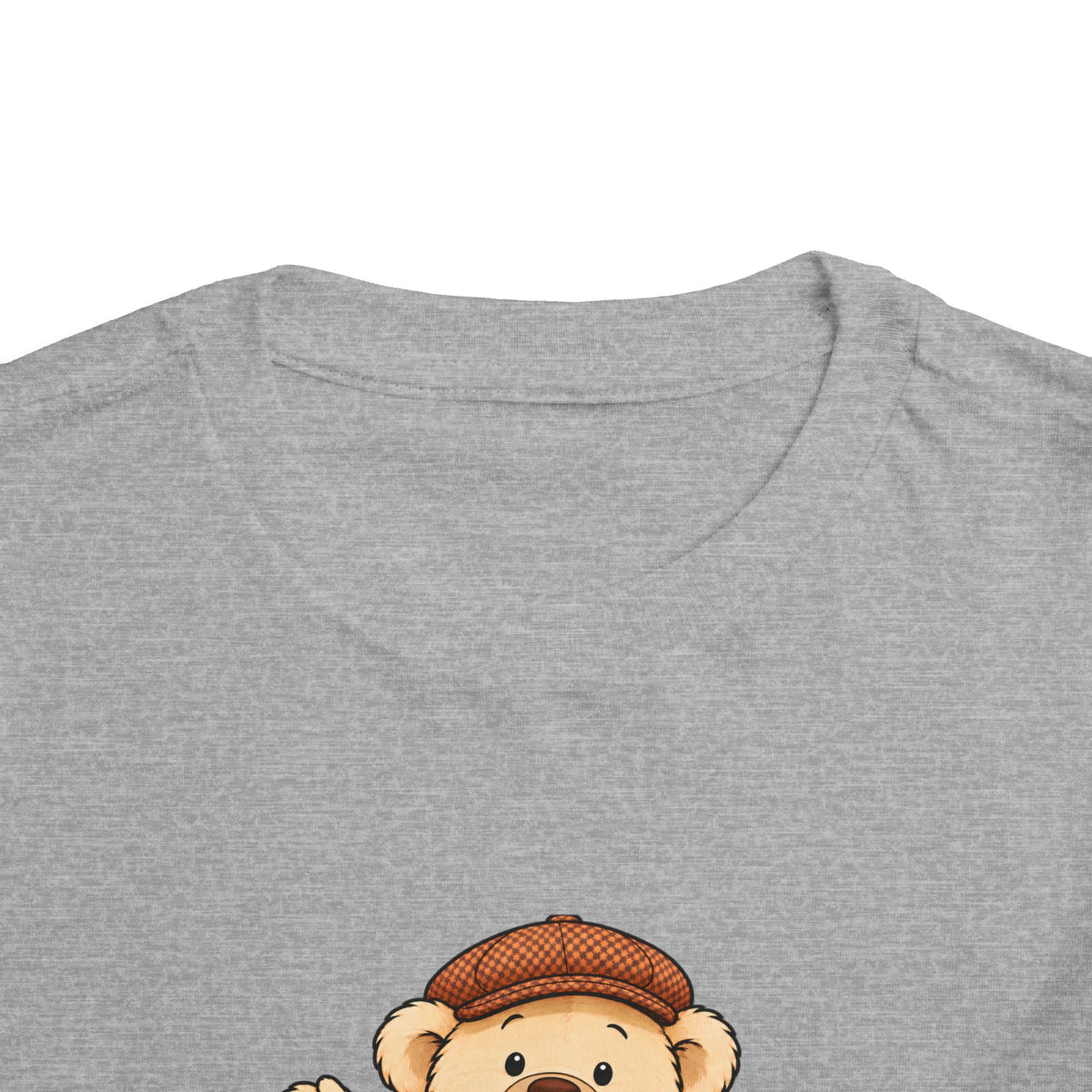 Big Hug Pickles toddler tee in Athletic Heather, close-up of neckline and print