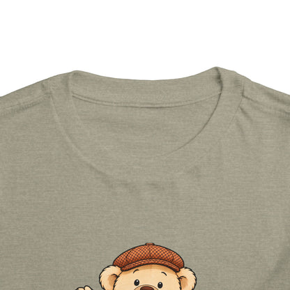Big Hug Pickles toddler tee in Heather Stone, close-up of neckline and print