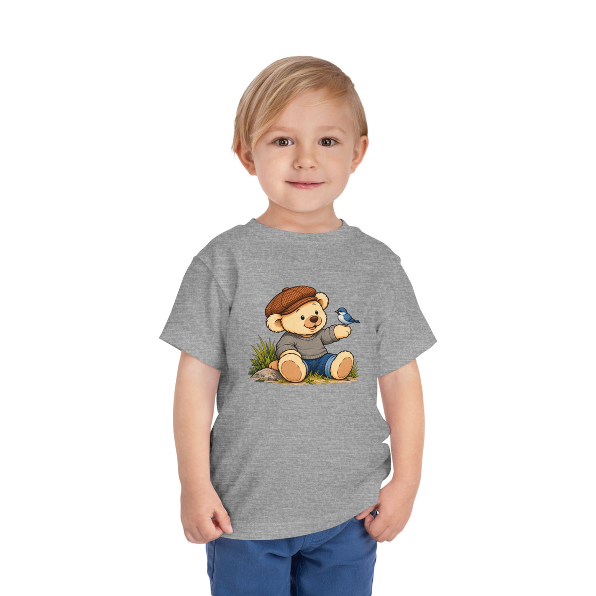 Blue Bird Pickles toddler tee in Athletic Heather, worn by a toddler