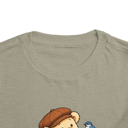 Blue Bird Pickles toddler tee in Heather Stone, close-up of neckline and print