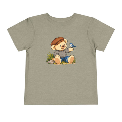 Blue Bird Pickles toddler tee in Heather Stone, front view